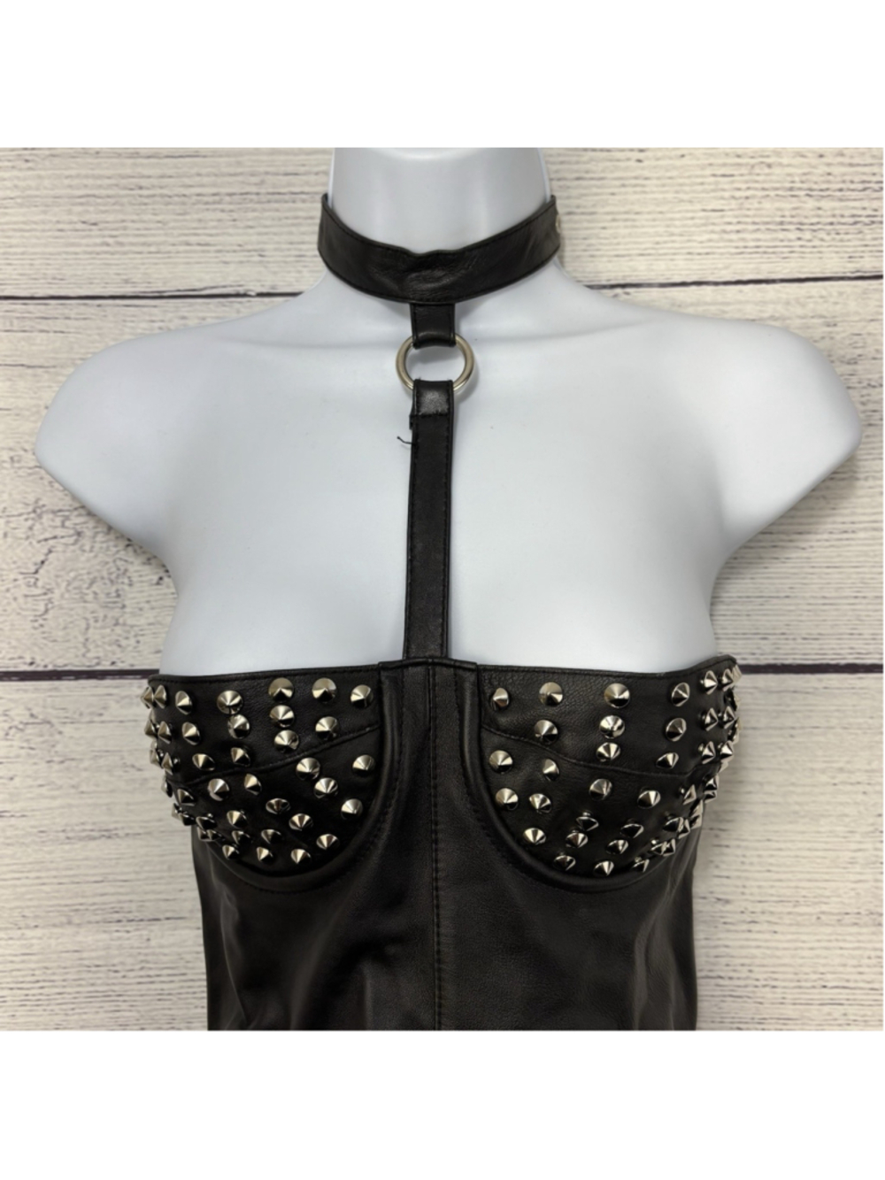 Elegant Moments 100% Genuine Leather Studded Mini Dress Lingerie Choker Neck S - Picture 5 of 10